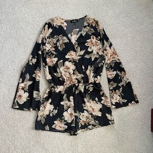 Lulu's Black and Cream Floral Long Sleeve Romper